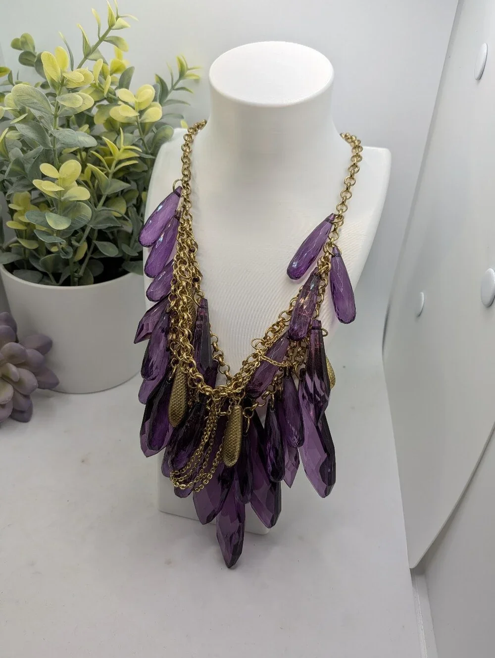 Vintage Chunky Purple Crystal Statement Necklace Gold Tone Layered Fringe Bib